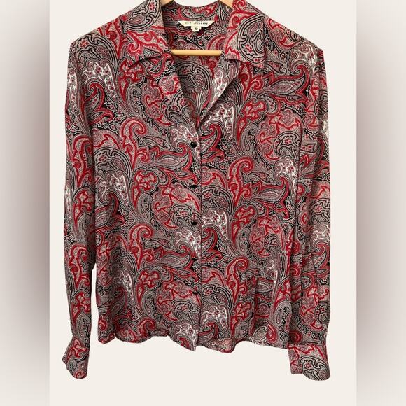 St. John Collection Red Paisley Print Silk Collared Button Up Blouse Size 10 - Picture 1 of 9